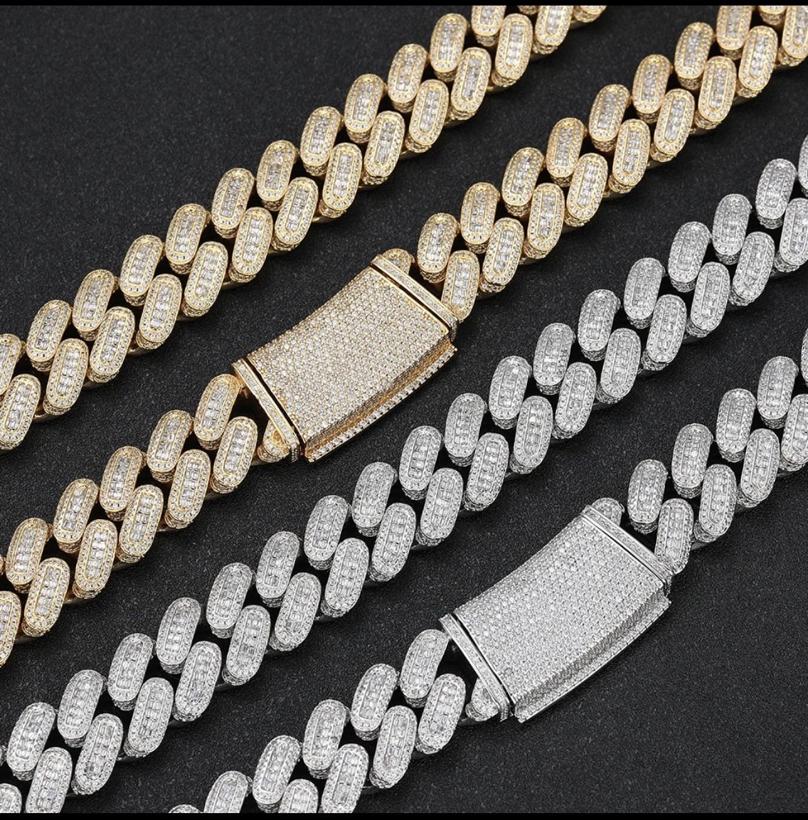 Men's and Women's Fine Jewelry 20mm Gold Silver Cuban Link Chain Hip Hop Shiny Iced Diamond Cuban Baguette Link Chain