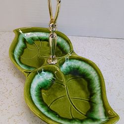 Mid Century Vintage Double Green Leaf Lava Drip Glaze Relish Snack Serving Dish Santa Anita Ware R-28