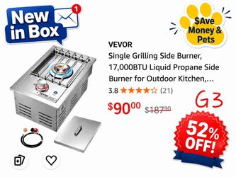 New Single Grilling Side Burner 17000BTU - Liquid Propane for Outdoor Kitchen