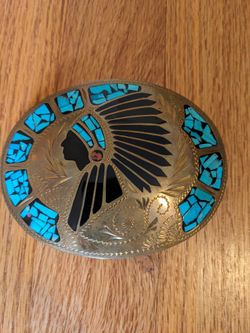Handcrafted Belt Buckle With Turquoise Inlay