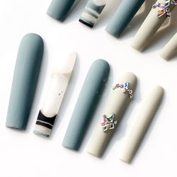Handmade Cyan & White Press-On Nails, With Iridescent Rhinestone Embellishments