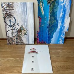 3 Piece HUGE Portrait Photographs Decoration For Home Featuring Lighthouse, Bicycle Garden, & City Along Beach Europe Some From IKEA Furniture 