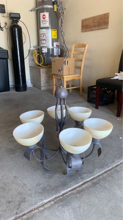 Alabaster and heavy metal hanging dining room chandelier