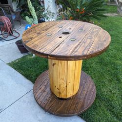 Spool Table On Casters, Stained And Sealed
