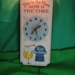 VTG  Wooden  Pabst Blue Ribbon Beer Wall Sign  Clock 