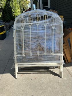White Iron Arched Bed Headboard with Brass Accents