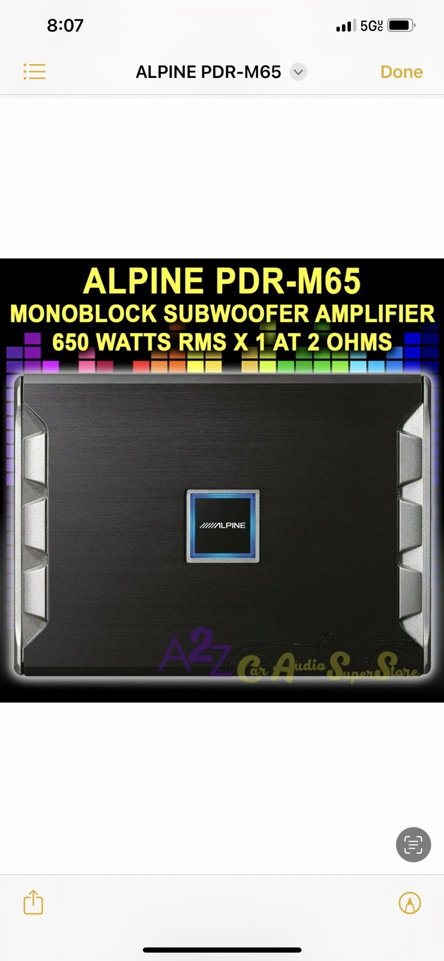 Amplifier  ALPINE PDR-M65 1300W.  MONOBLOCK SUBWOOFER  650 WATTS RMS X 1 AT 2 OHMS AMP