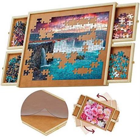 1000 Piece Wooden Jigsaw Puzzle Board - 4 Drawers, Portable, Rotating Puzzle Table | 30” X 22” Jigsaw Puzzle Table | Puzzle Cover Included NEW IN BOX 