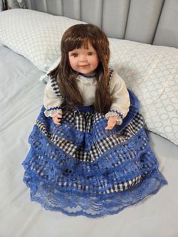 Doll in Blue Lace Gingham Dress