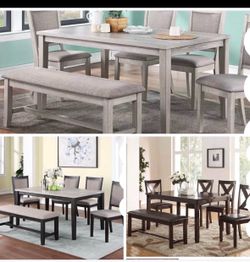 Dining table set with chairs and bench