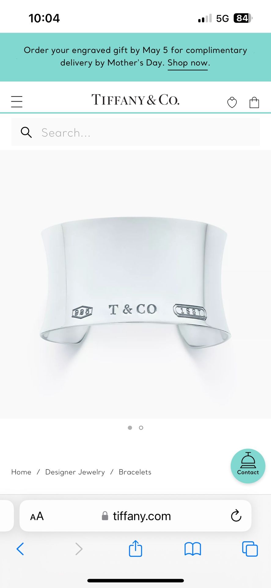 Tiffany Bangle Cuff Bracelet, Silver