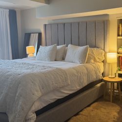 Modern Grey Upholstered Headboard – Like New (Macy’s)