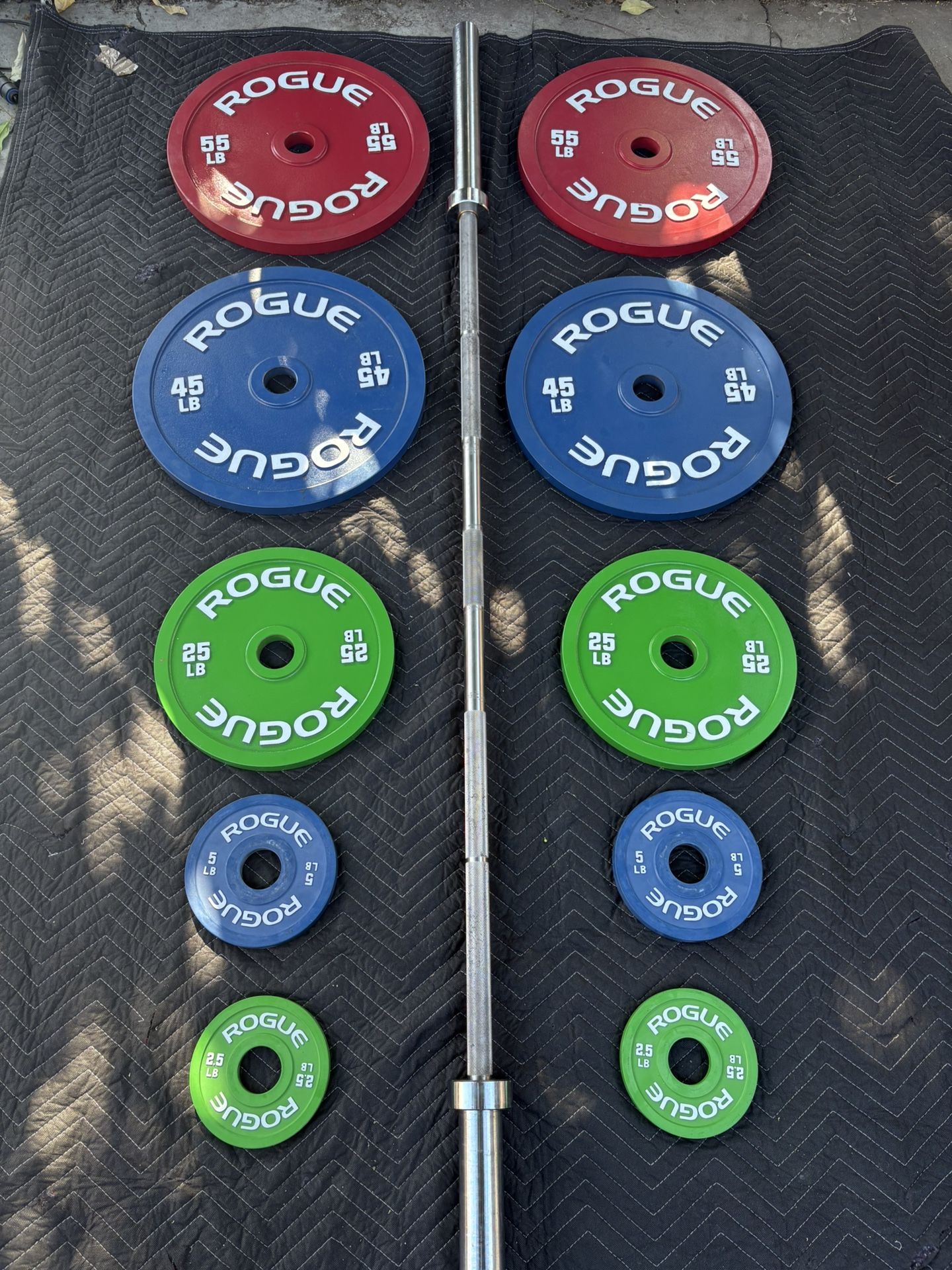 Rogue Calibrated plate set with stainless Rogue Ohio power bar for sale