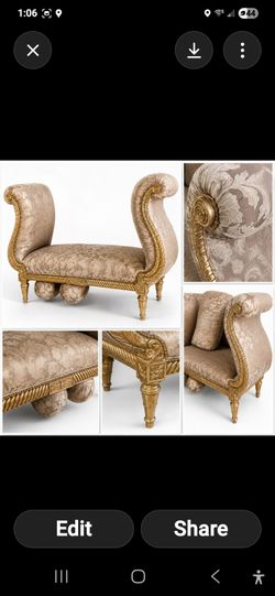 Hollywood Regency Gold Gilt Scroll-Arm Settee Bench Chaise Baroque Damask w 2 pillows