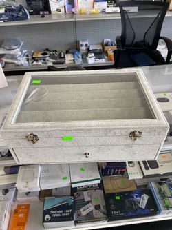 Grey velvet jewelry box w clear top & drawer for rings