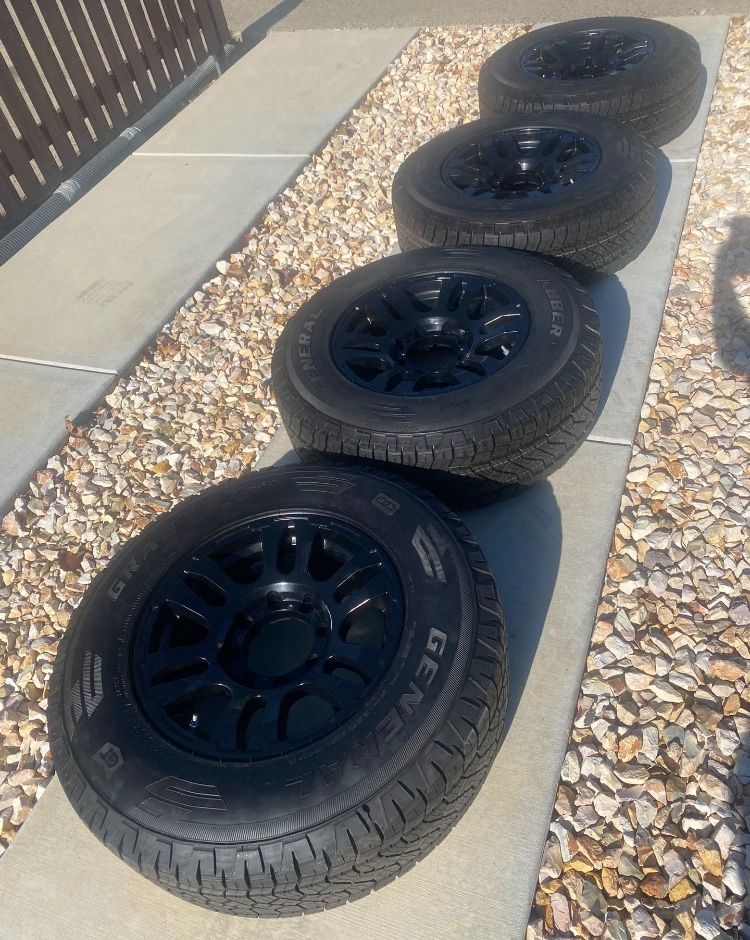 CHEVY / DODGE 8 LUG WHEELS with General Grabbers  All- terrain LT 265/70/17