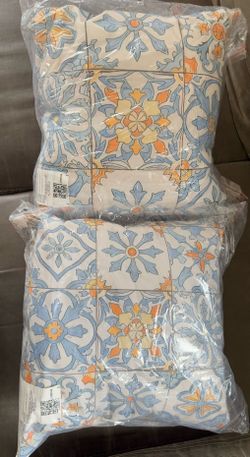 Two Outdoor Pillow — Mediterranean Tile, Blue/Amber (Weather-Resistant)