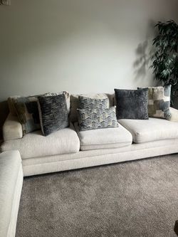 Large Cream Fabric Sofa with Throw Pillows