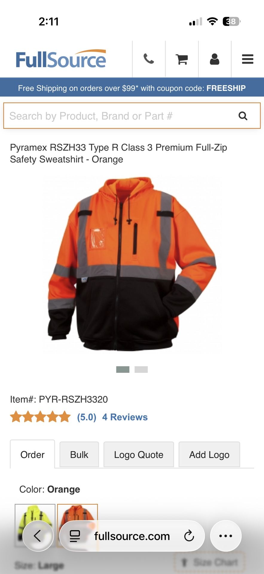 Pyramex RSZH33 Type R Class 3 Premium Full-Zip Safety Sweatshirt - Orange 