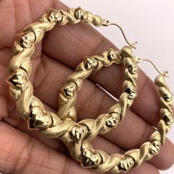 10K Gold Heart Bamboo Hoop Earrings
