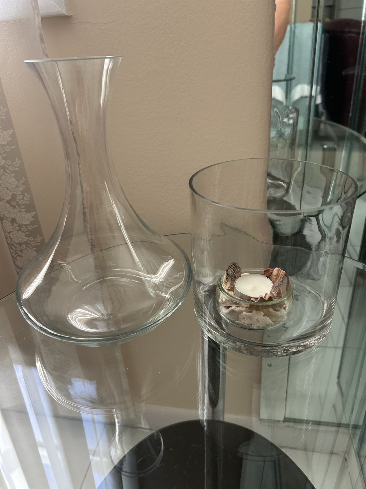 Wine Decanter, Clear Glass Carafe  H11”X W 7” And Cylinder Vase For Centerpiece  Or Candle Holder H 7”XW 6”