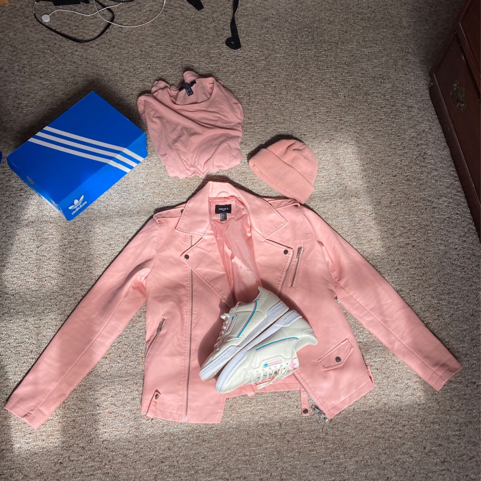 Get The Fit! Forever 21 / Mens Size Small / Pink Faux Leather Jacket / Beanie / T-Shirt / Adidas Continental 80 Size 10