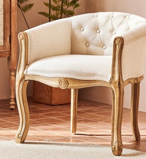 French Style Armchair padded in beige Linen with wood in natural color!