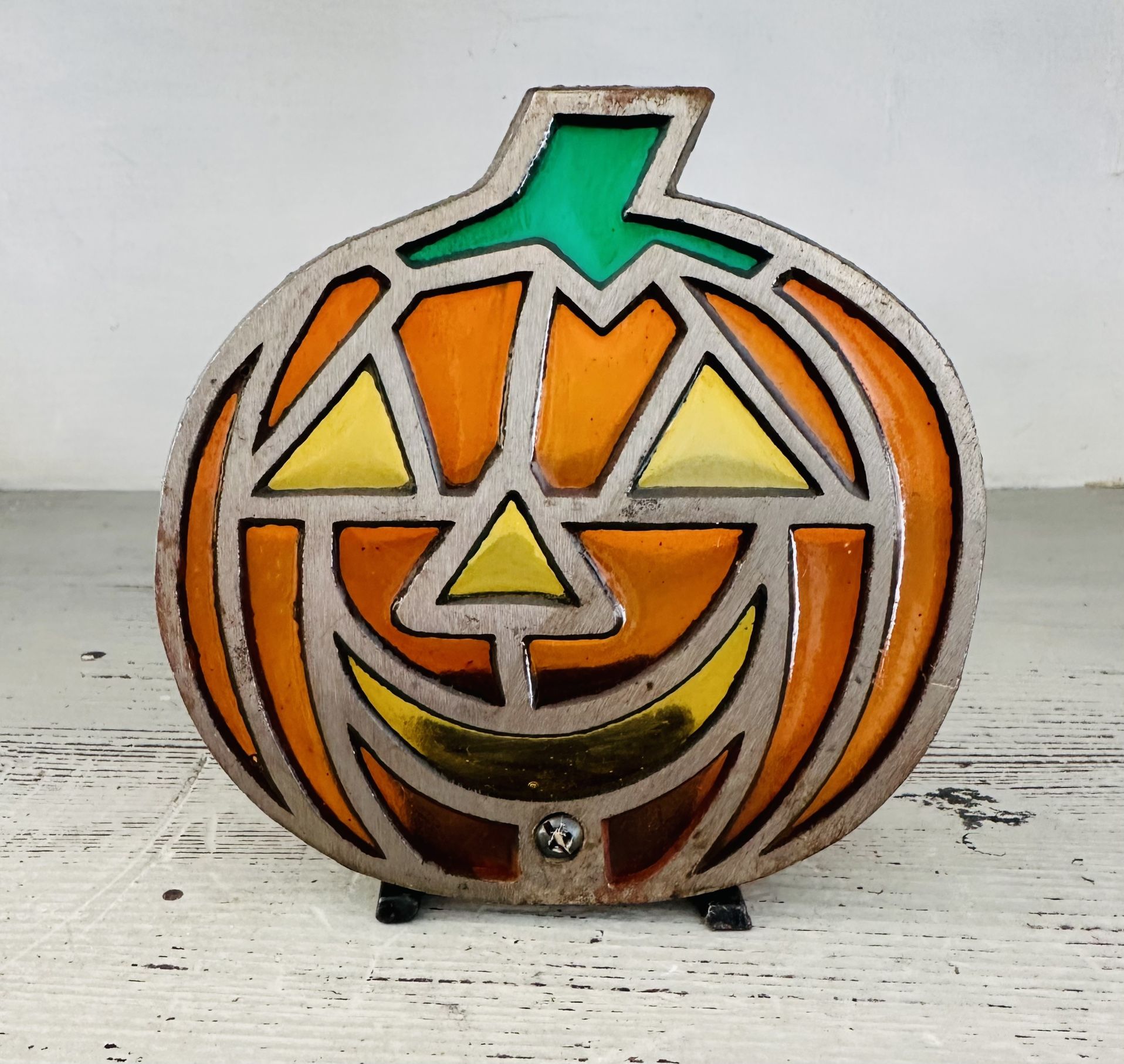 Vintage Halloween Stained Glass Cast Iron Jack O Lantern/Pumpkin  Candle Holder. 5” tall.  