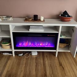 66” Media Stand with Built-In Electric Fireplace – Off-White – Beautiful Piece