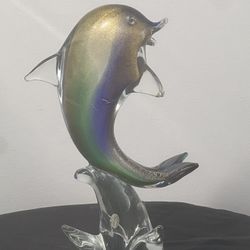 Authentic, Vintage, and Hand-Blown Murano Glass Dolphin, 16” Tall, Made In Venice, Italy