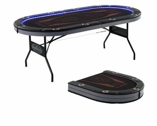 Barrington 10 Player Folding Oval Poker Table with LED Lights, Steel Cup Holders & Padded Armrests, Black/Brown