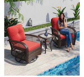 3 Pieces Patio Furniture Set, Outdoor Swivel Glider Rocker, Wicker Patio Bistro Set with Rocking Chair, Cushions and Table (Red)