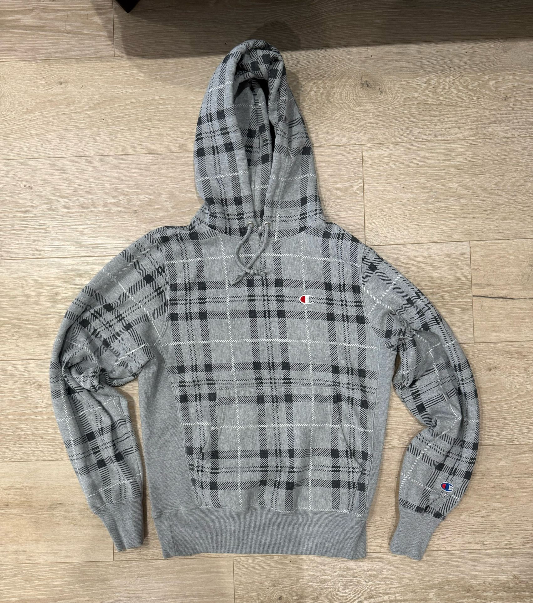 Champion Men's Urban Outfitters Gray Plaid Reverse Weave Hoodie