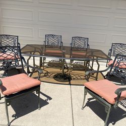 Cast Aluminum Patio Furniture Set 6 Chairs, Table And Umbrella Stand