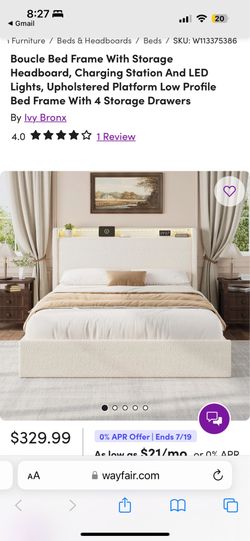 Queen Boucle Bed Frame With Storage Headboard, Charging Station And LED Lights With 4 Storage Drawers