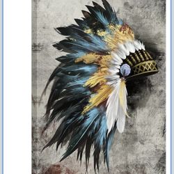 36in X 24in sechars Native American Wall Art Feathered Chiefs Headdress Painting on Canvas Vintage Decorative Indian Artwork Ready to Hang