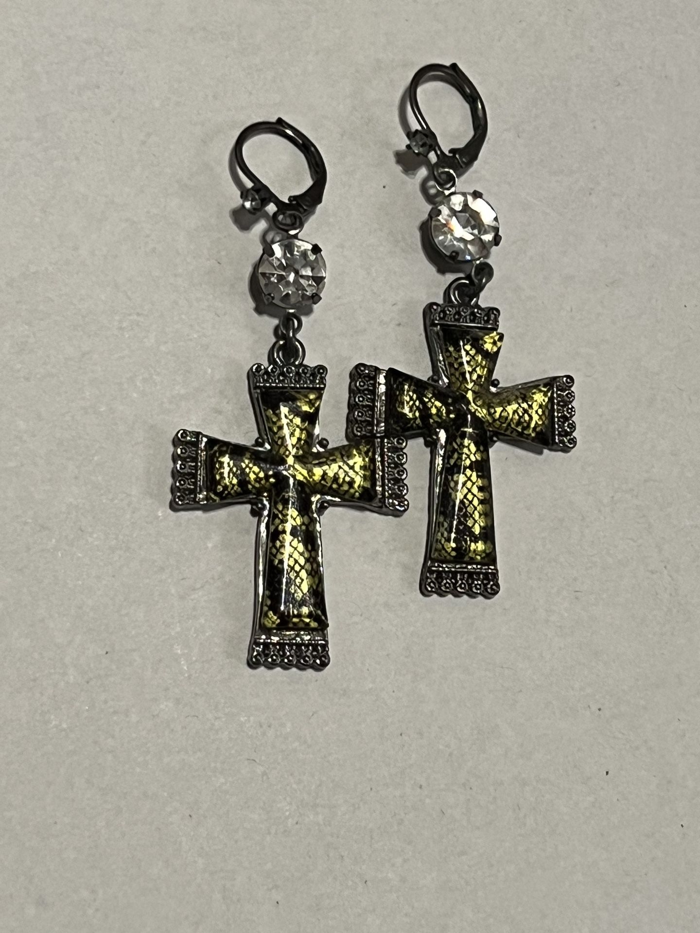 Cross earrings, antique silver and crystal.