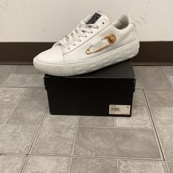 Men’s Versace Safety Pin White Leather Shoes Sz45.5 (US 11.5) 