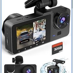 Dash Cam Front and Rear Inside, 4K Full HD Triple Dash Camera for Cars, Car Camera with 32GB Card,Built-in Loop Recording,G-Sensor,24H Parking Monitor