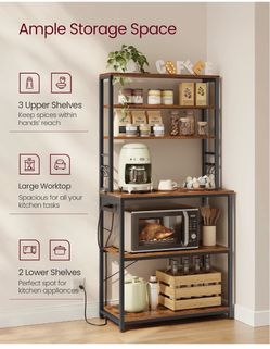 Coffee Bar, 31.5 Inches 6-Tier Baker's Rack with 6 Hooks Modern Basic Microwave Stand, 31.5 x 15.8 x 65.8 Inches, Rustic Brown and Ink Black, BARNET C
