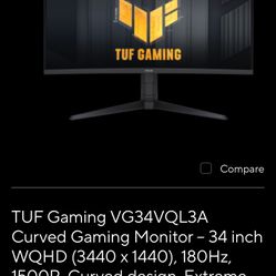 1440p 34” Ultra Wide Curved 180hz Monitor Asus