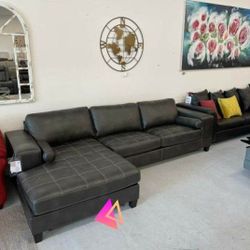 Grey Dark Leather Sectional