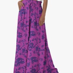 XXL Casual High Waist Wide Leg Pants Summer Floral Solid Long Palazzo Pants Lounge Beach Trousers with Pocket