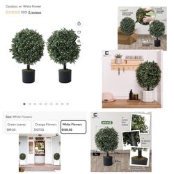 CAPHAUS 2 Ft. Artificial Boxwood Topiary Ball Tree With White Flowers Artificial UV Resistant Bushes (Set Of 2)