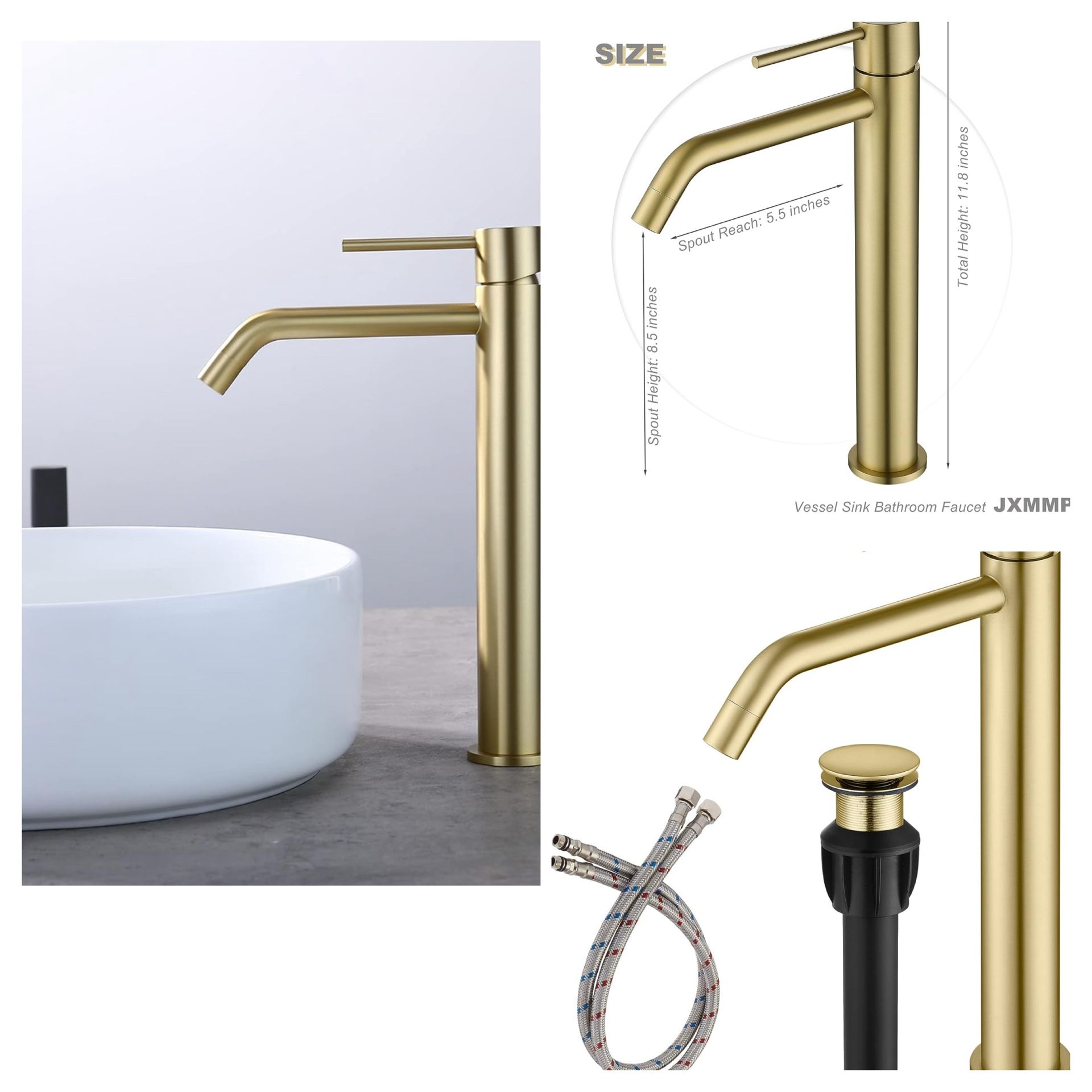 Brushed Gold Vessel Sink Faucet with Pop Up Drain and Supply Lines, Stainless Steel Gold Vanity Faucet Single Hole, JXMMP Single Handle Bathroom Fauce