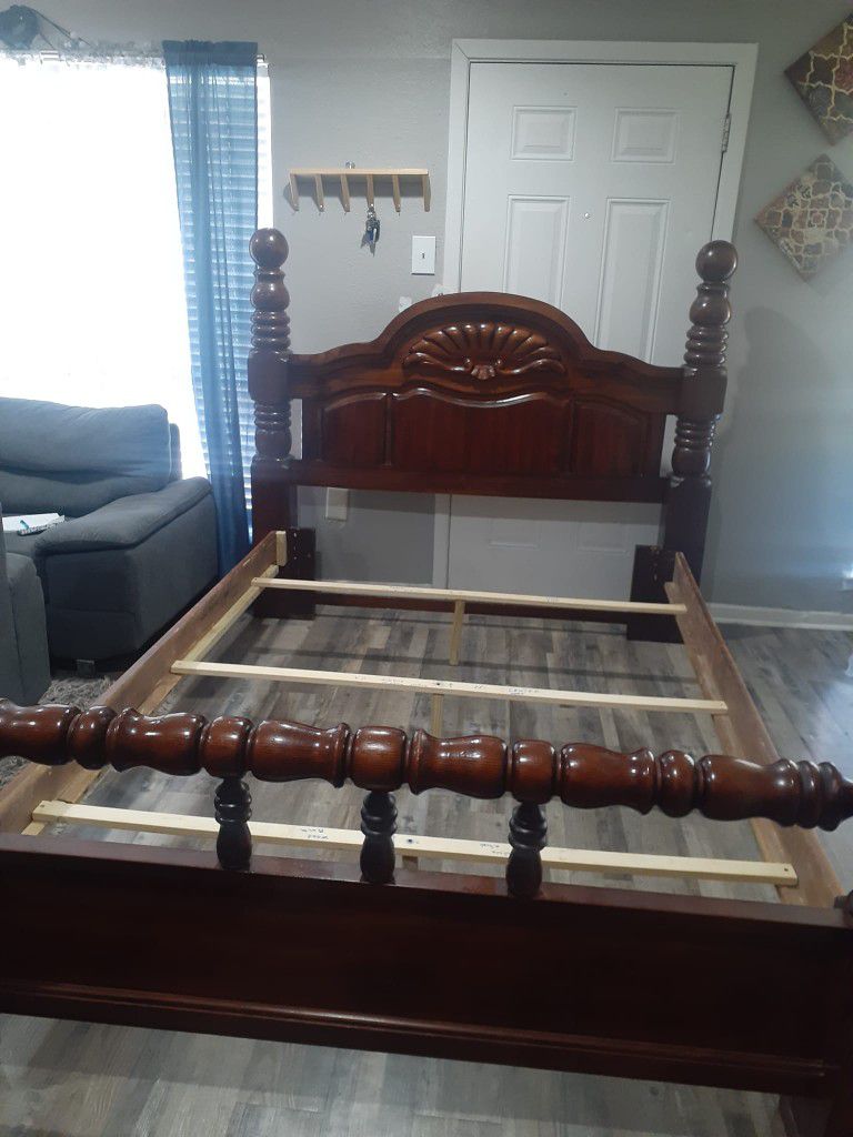 Mattress, Spring Box And Wood Bed Frame 