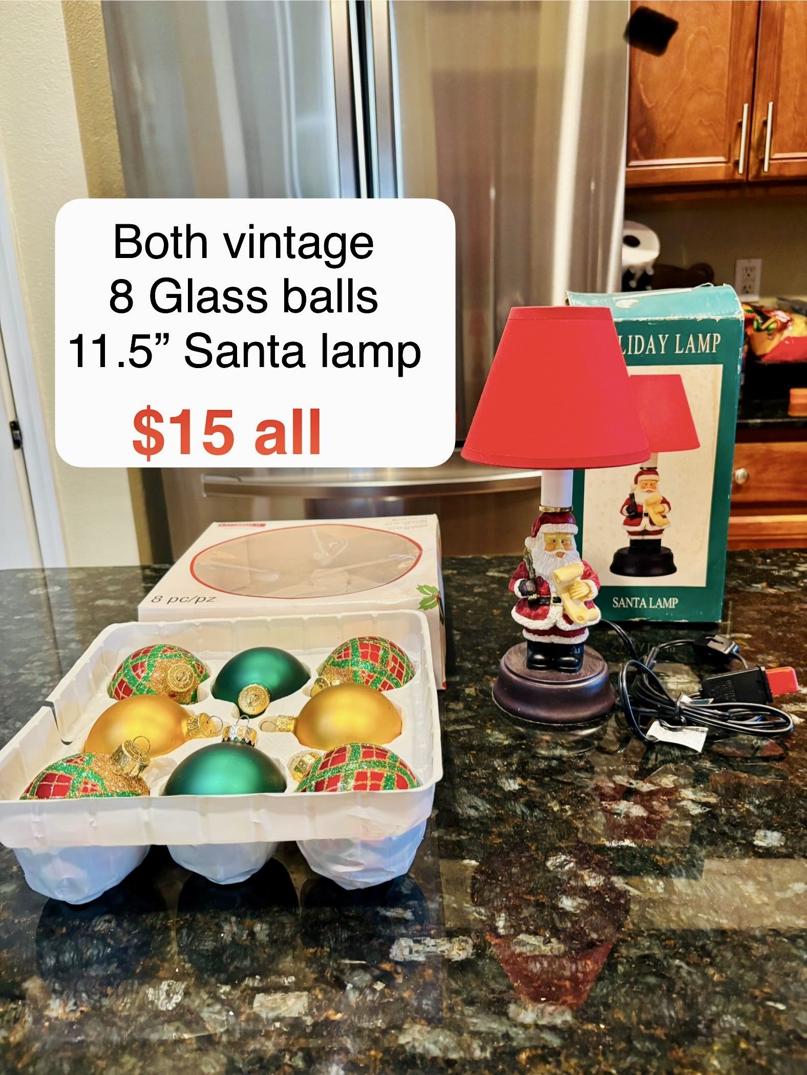Vintage Santa Lamp and 8 GLASS ornament balls Christmas decor