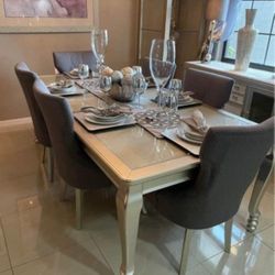 7 Piece Dining Room Set Metallic Silver With Rectangular Extension Table And 6 Chairs 💥💥💥 Brand New 💯 Fastest Delivery 🚚  Financing Available 👍 