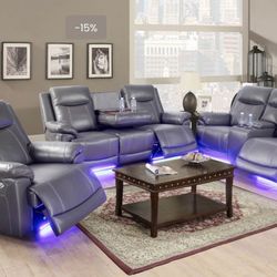 Power Electric Grey Leather Fully Reclining Couch Set 