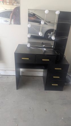 Modern Black Vanity Desk with Hollywood Light Mirror